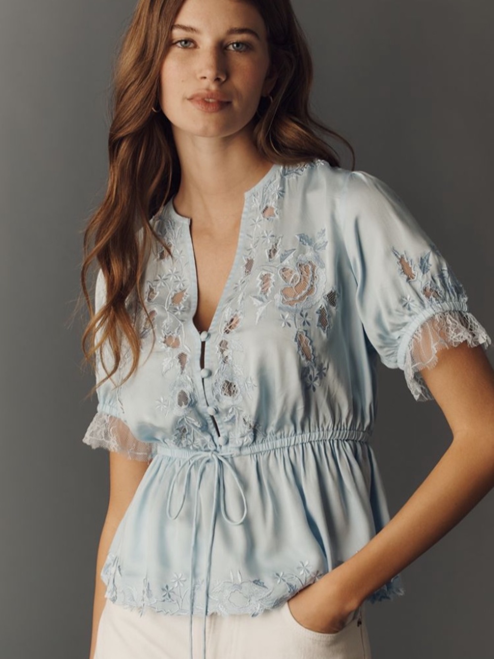 Anthropologie Embroidered V-Neck Peplum Blouse